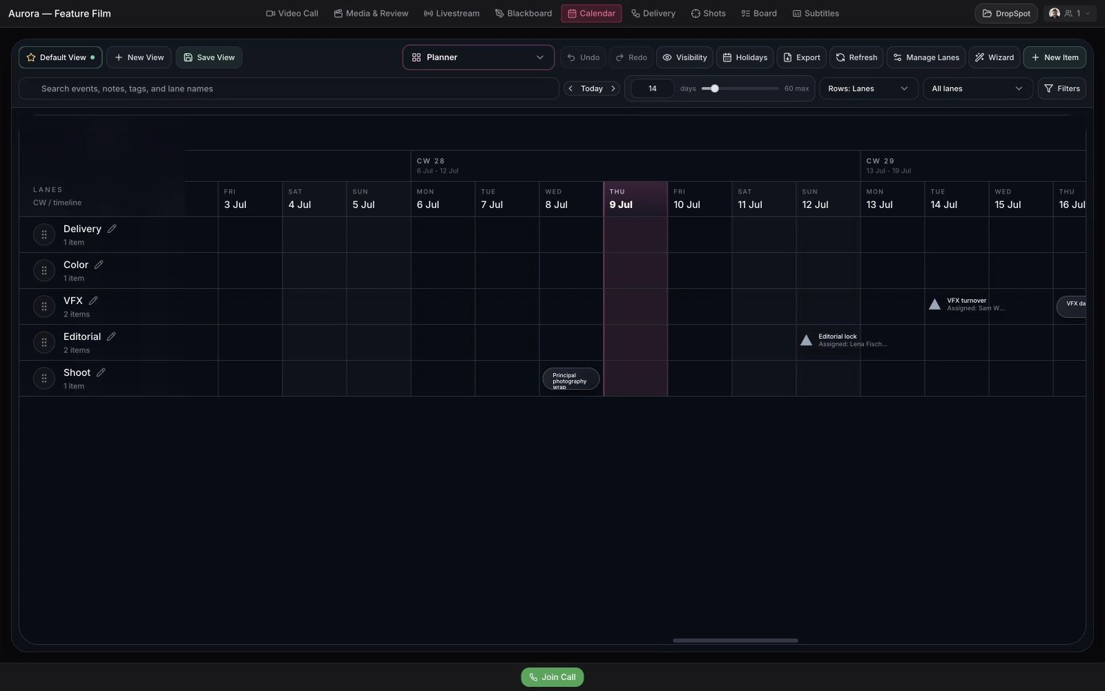 Plan every lane — People, milestones, and scheduled work stay beside the footage.