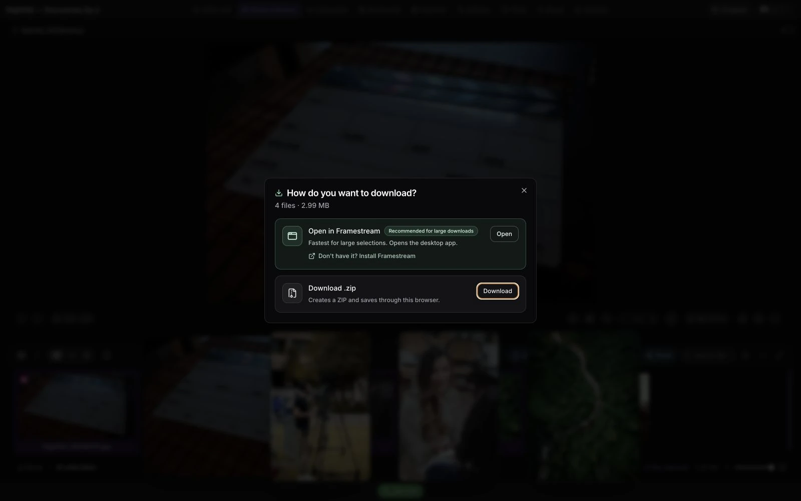 Open in FrameStream — Send large selections to the desktop app, with ZIP as a fallback.