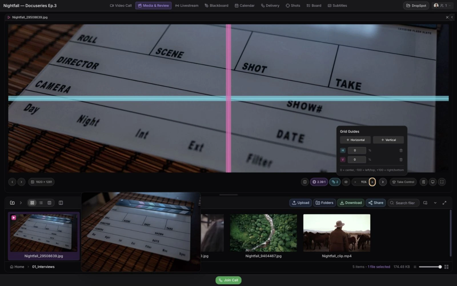 Review at finishing depth — Zoom, crop, framelines, and custom guides live in the viewer.