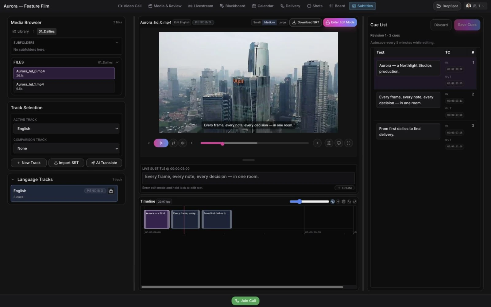 Build subtitles in place — Cue, translate, and QC subtitle tracks without leaving the room.